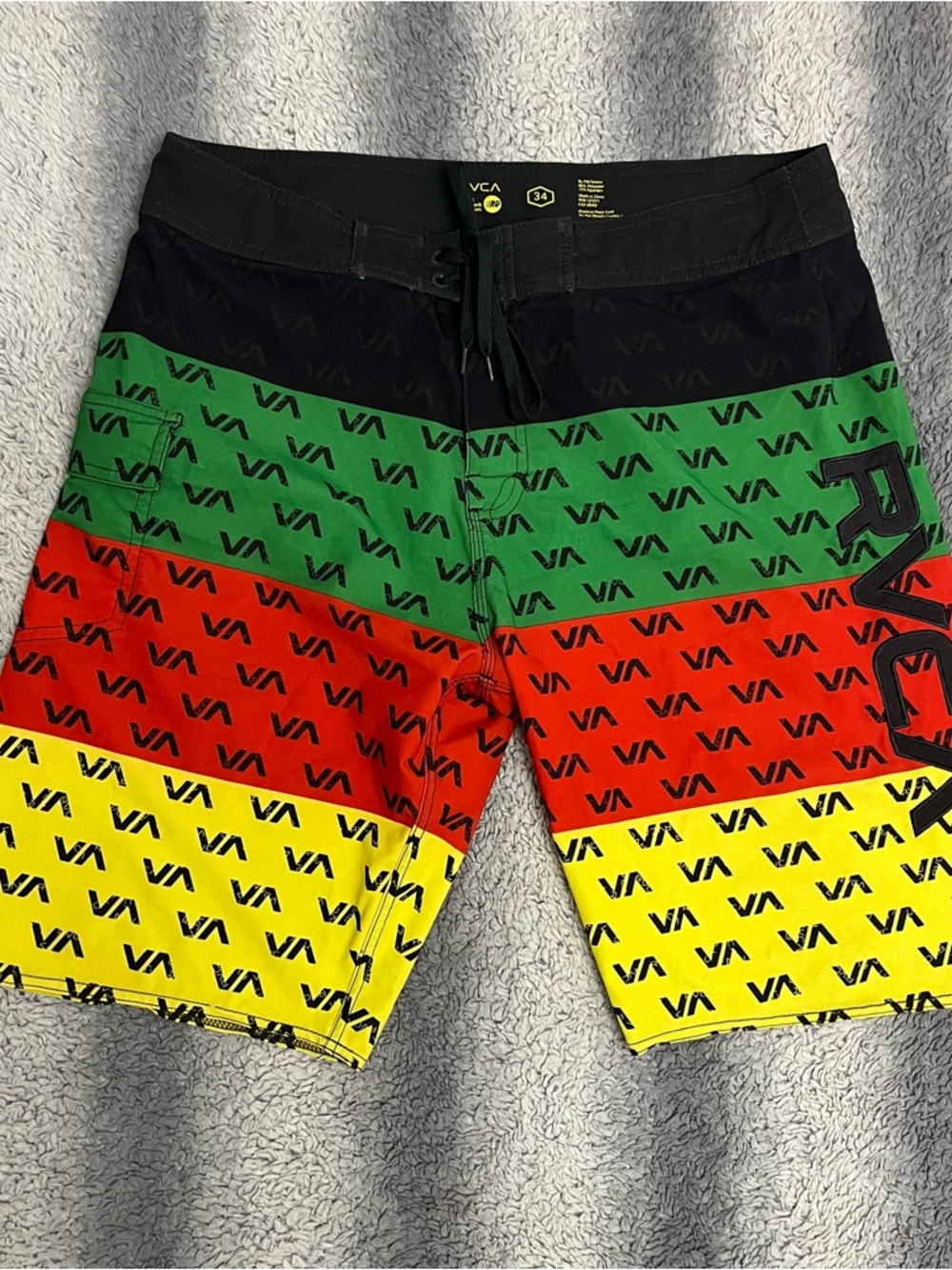 RVCA Board Shorts Mens Size 34 Rasta Color Stripes Red Green Yellow Swim Trunks